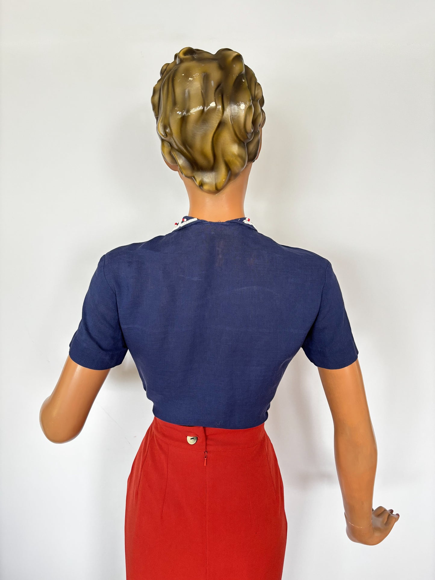 1940s/50s Linen Beaded Blouse | XS/S
