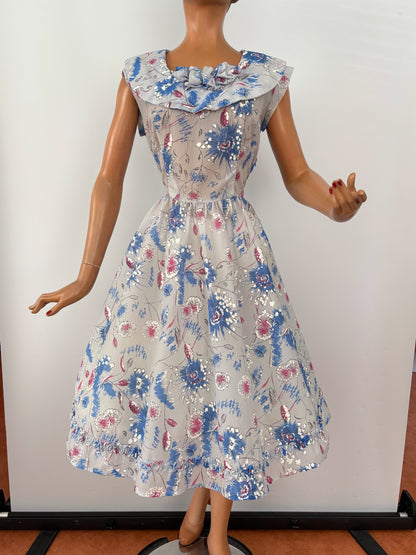 L | 1950s Hand-Painted Sheer Organza Floral Dress