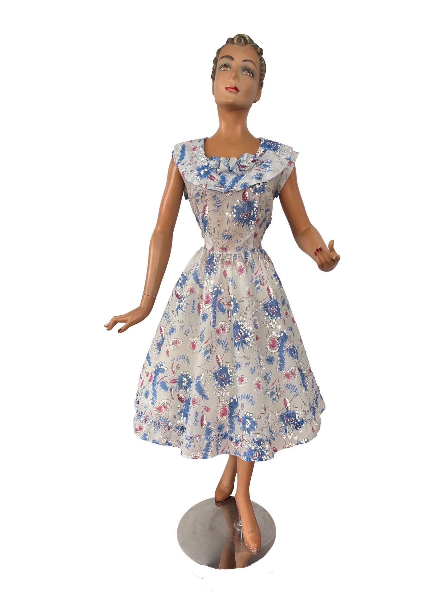 L | 1950s Hand-Painted Sheer Organza Floral Dress