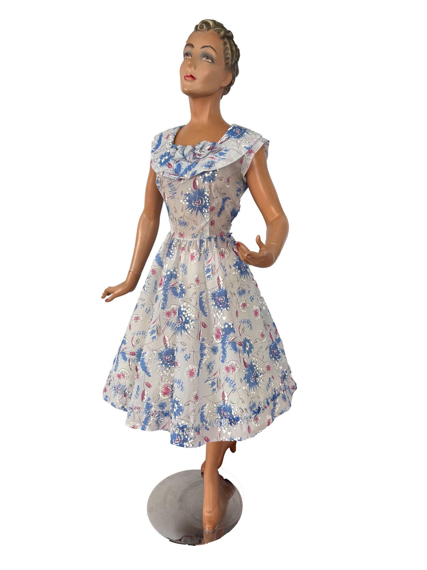 L | 1950s Hand-Painted Sheer Organza Floral Dress