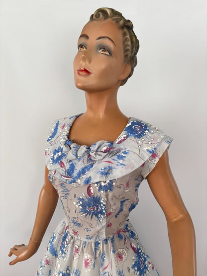 L | 1950s Hand-Painted Sheer Organza Floral Dress