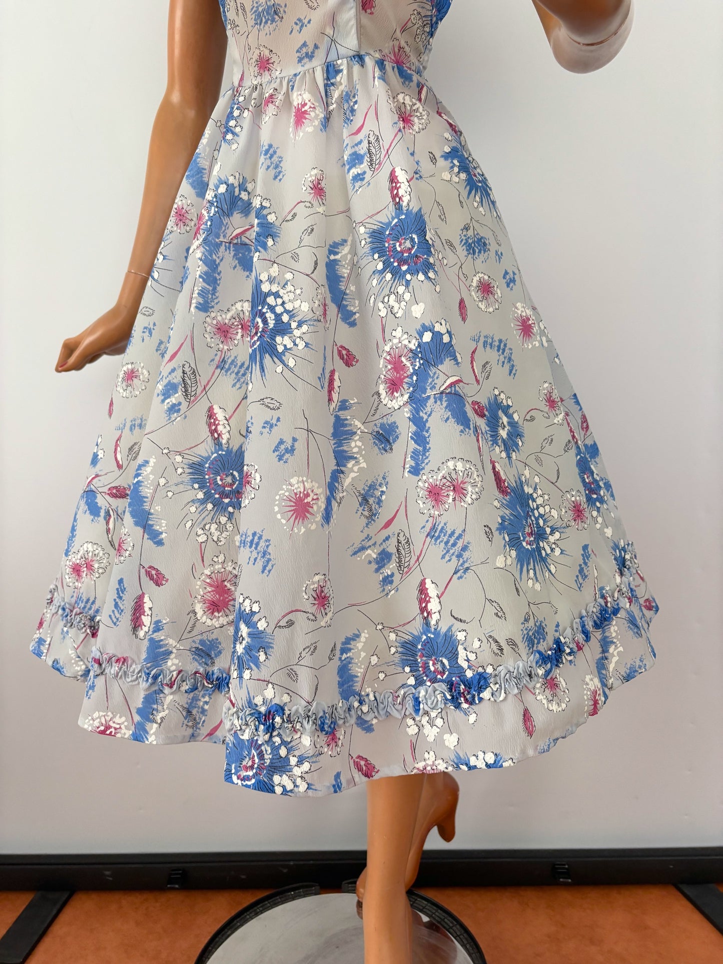 L | 1950s Hand-Painted Sheer Organza Floral Dress