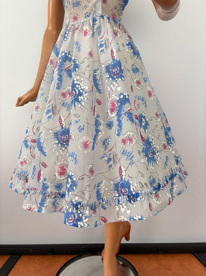 L | 1950s Hand-Painted Sheer Organza Floral Dress