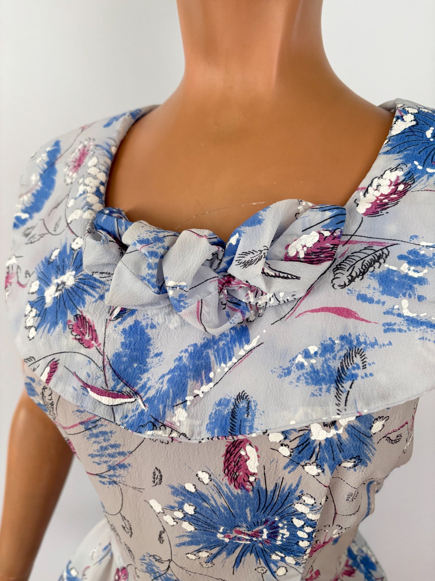 L | 1950s Hand-Painted Sheer Organza Floral Dress