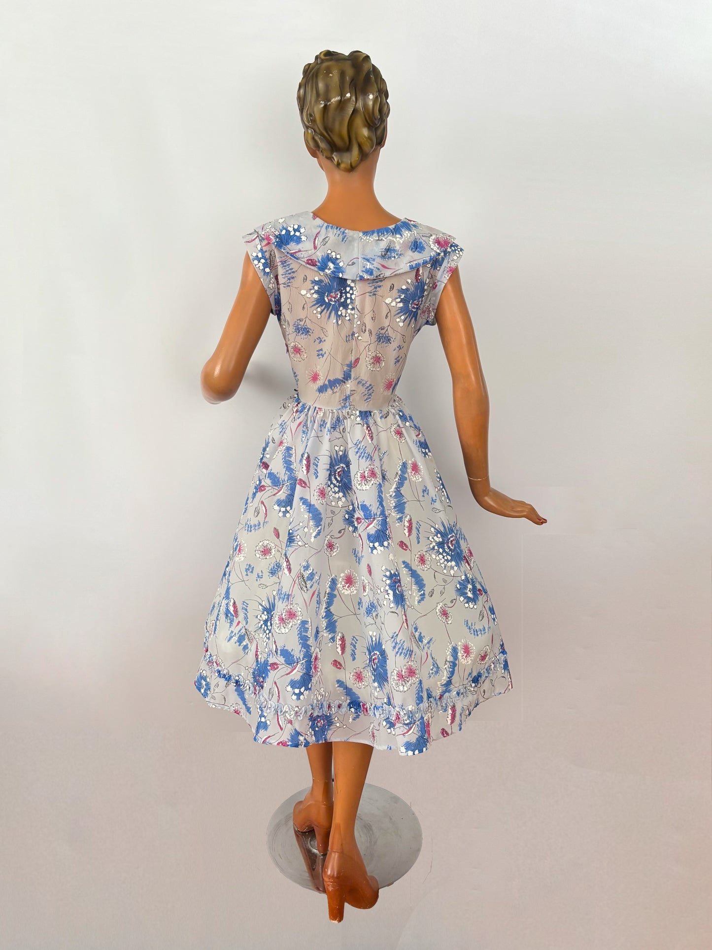 L | 1950s Hand-Painted Sheer Organza Floral Dress