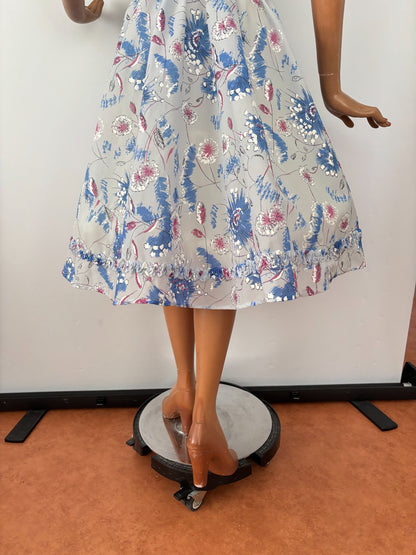 L | 1950s Hand-Painted Sheer Organza Floral Dress