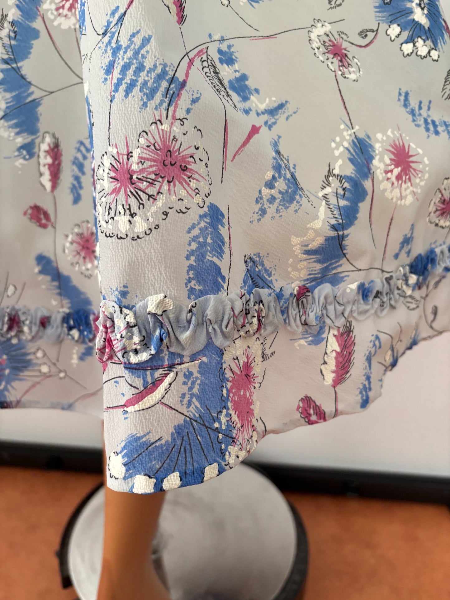 L | 1950s Hand-Painted Sheer Organza Floral Dress