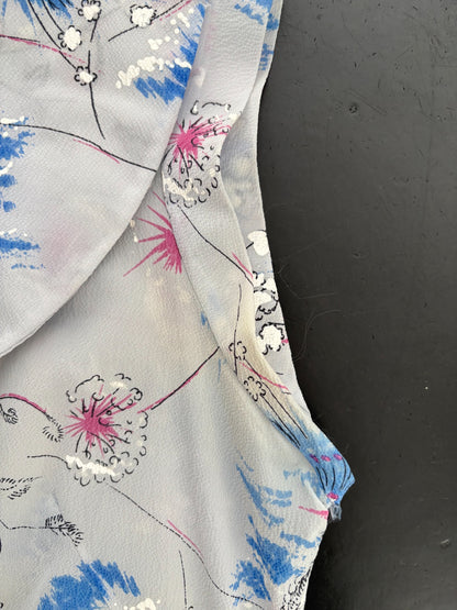 L | 1950s Hand-Painted Sheer Organza Floral Dress