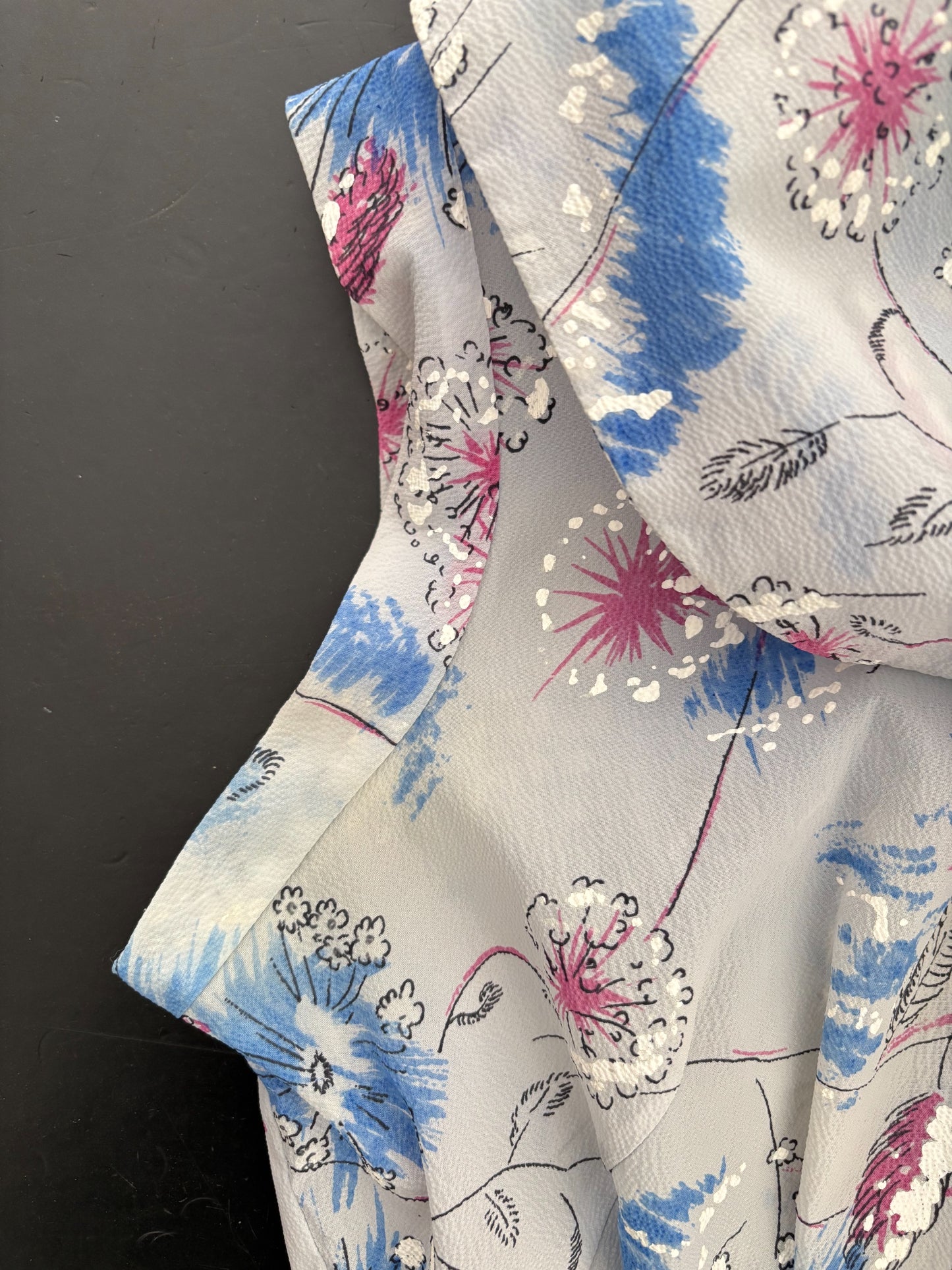 L | 1950s Hand-Painted Sheer Organza Floral Dress