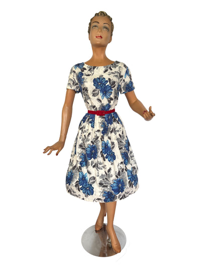 M | 1950s Cotton Poplin Floral Dress