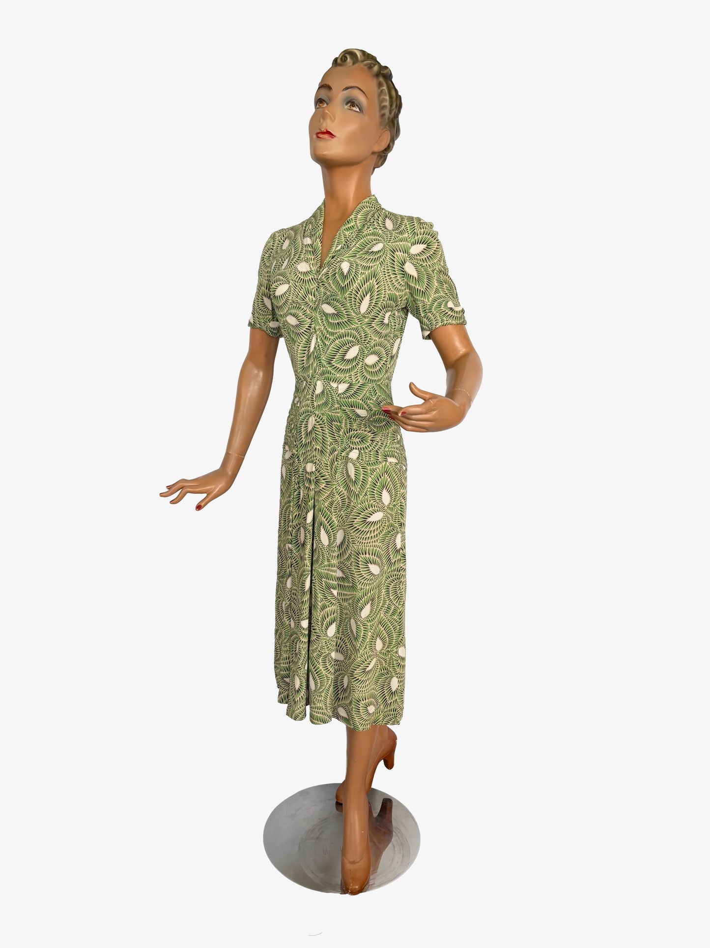 XS | 1940s Green Graphic Rayon Day Dress