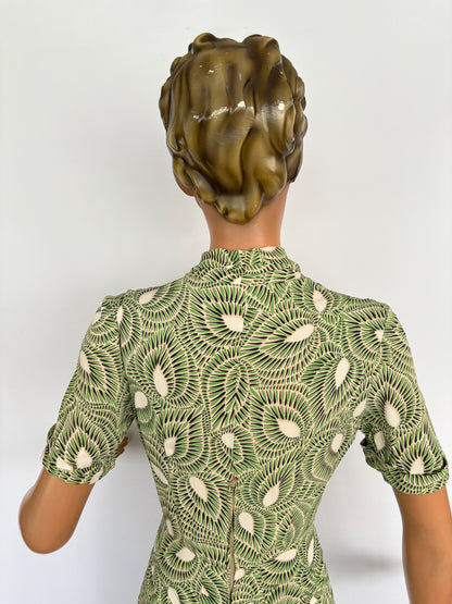 XS | 1940s Green Graphic Rayon Day Dress