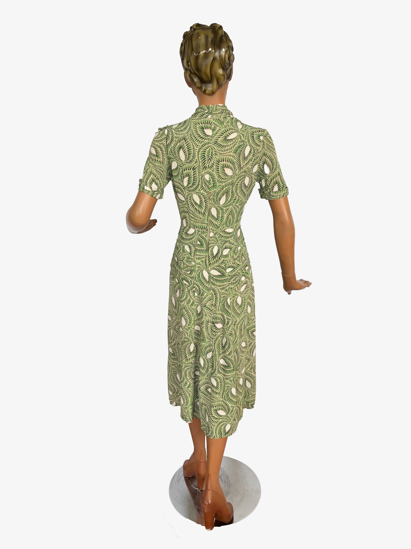 XS | 1940s Green Graphic Rayon Day Dress