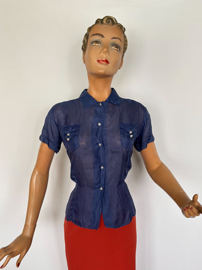 M | 1940s Navy Blue Silk Blouse – Royal Lady