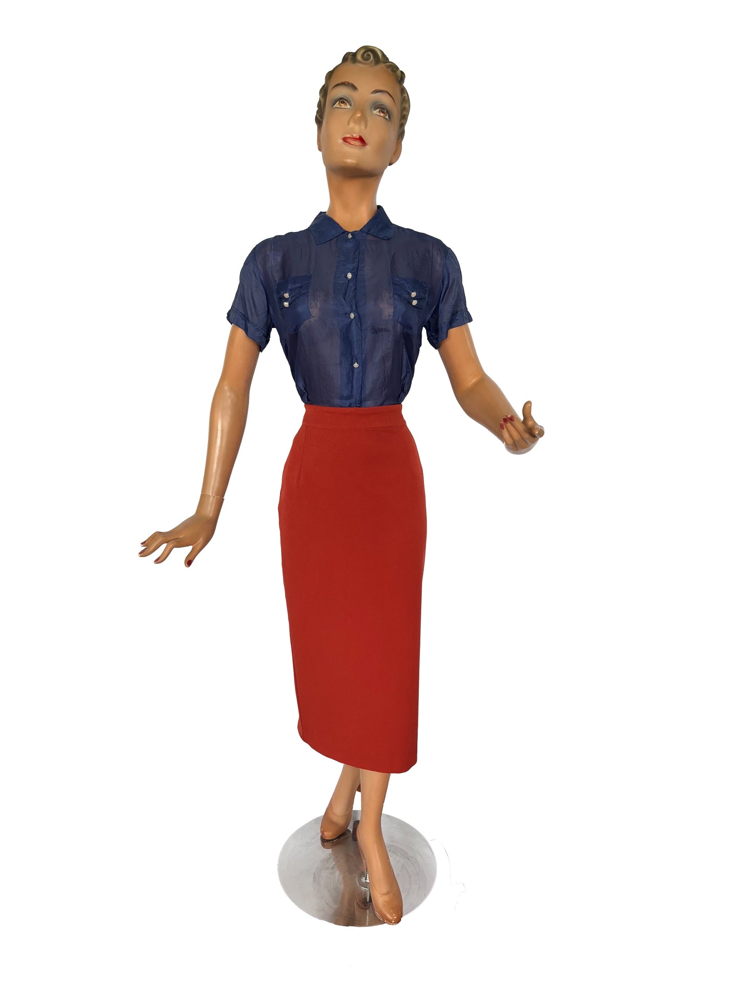 M | 1940s Navy Blue Silk Blouse – Royal Lady