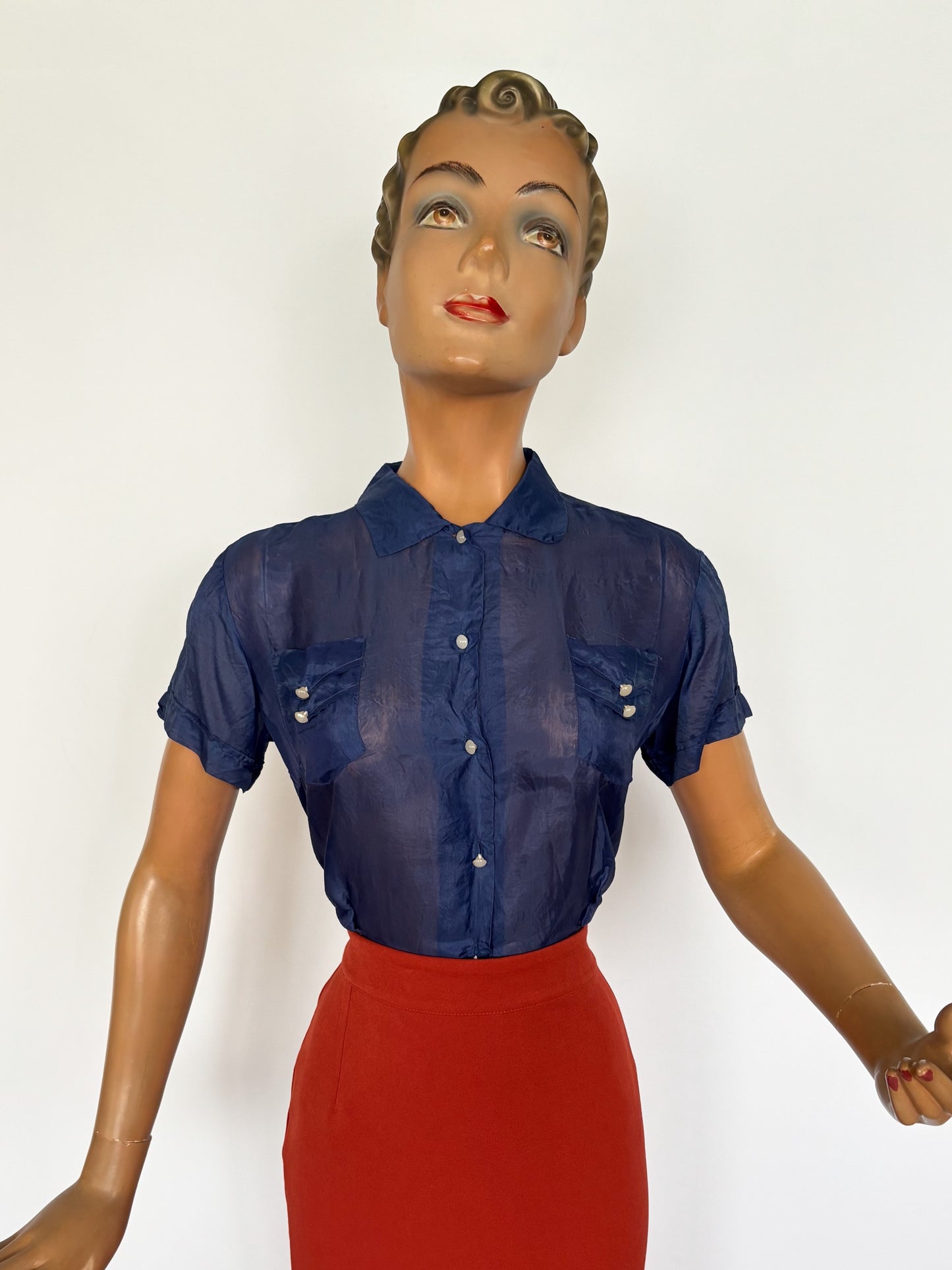 M | 1940s Navy Blue Silk Blouse – Royal Lady