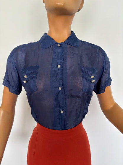 M | 1940s Navy Blue Silk Blouse – Royal Lady