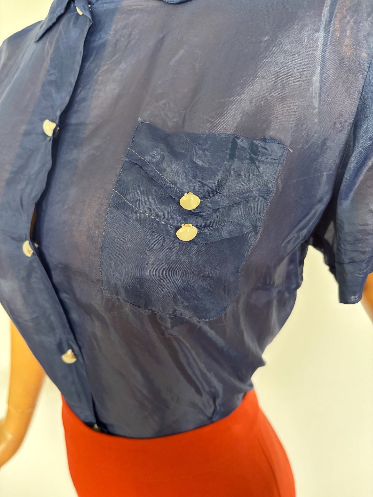 M | 1940s Navy Blue Silk Blouse – Royal Lady