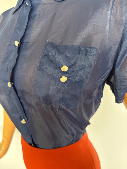 M | 1940s Navy Blue Silk Blouse – Royal Lady