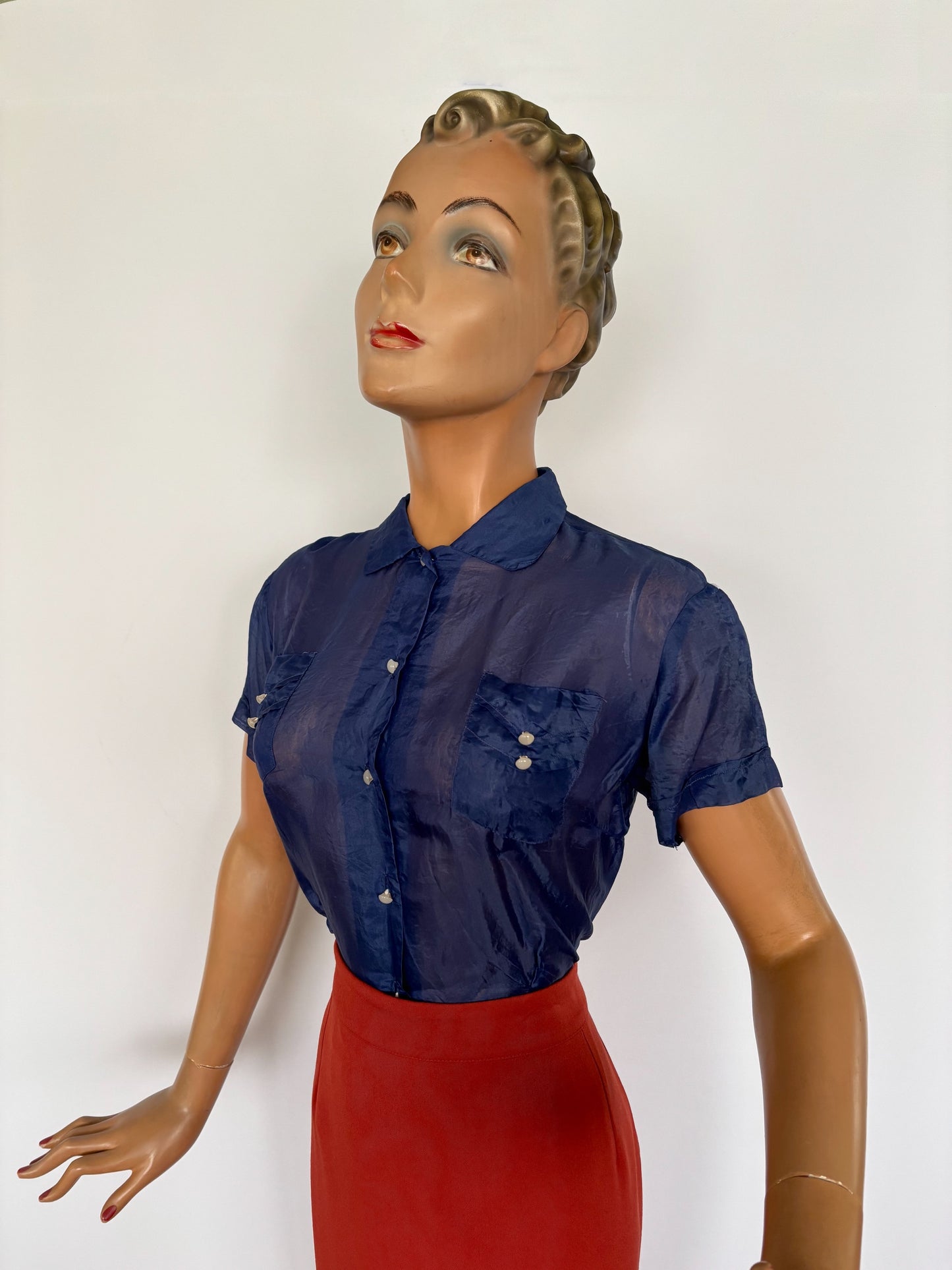 M | 1940s Navy Blue Silk Blouse – Royal Lady