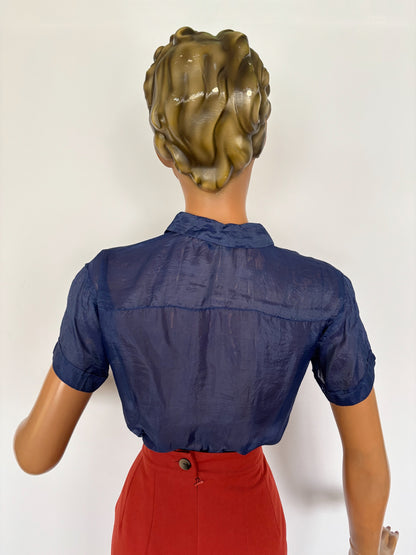M | 1940s Navy Blue Silk Blouse – Royal Lady