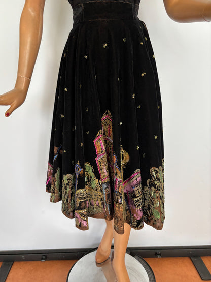 XS | 1950s Mexican Tourist Sequin Velvet Circle Skirt