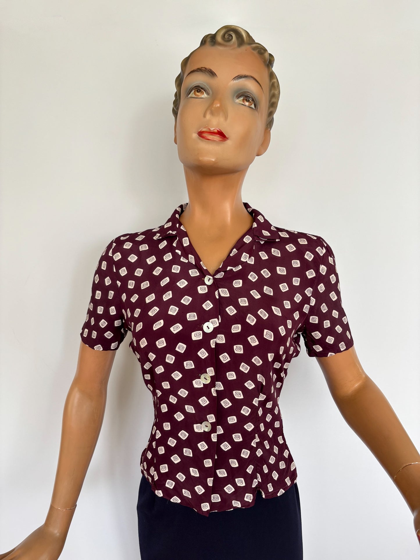 XS | 1940s Style Burgundy Rayon Blouse