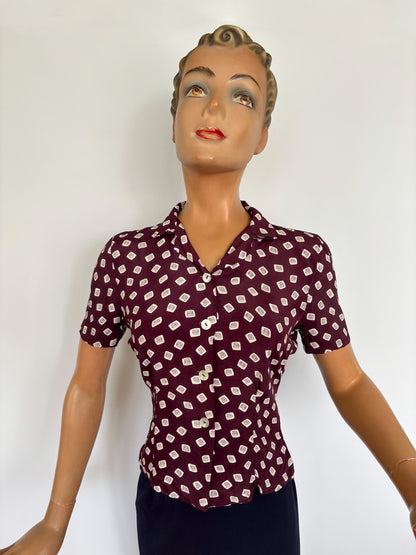 XS | 1940s Style Burgundy Rayon Blouse