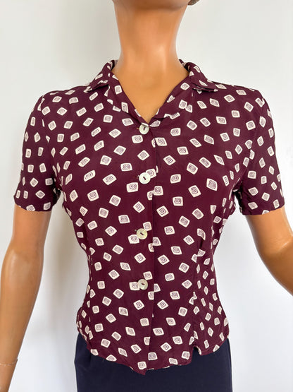 XS | 1940s Style Burgundy Rayon Blouse