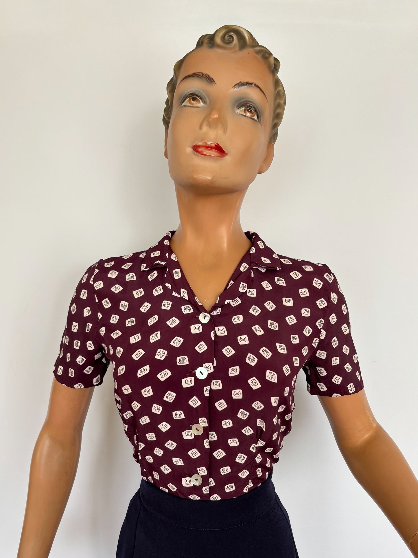 XS | 1940s Style Burgundy Rayon Blouse