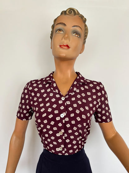 XS | 1940s Style Burgundy Rayon Blouse