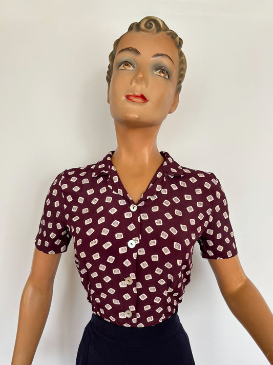 XS | 1940s Style Burgundy Rayon Blouse