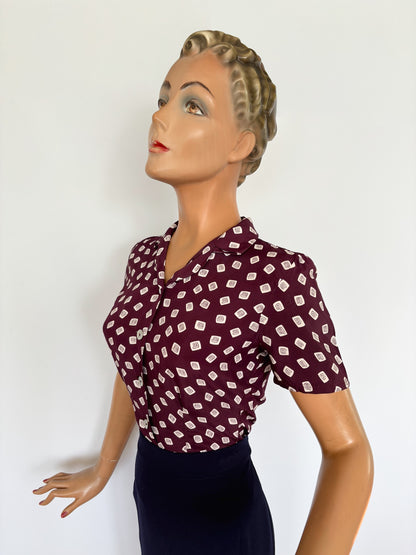 XS | 1940s Style Burgundy Rayon Blouse