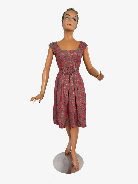 XXS | 1950s/60s Metallic Cocktail Dress With Statement Bow
