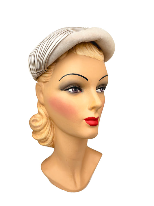 1950s Cream Grey Velvet Beret