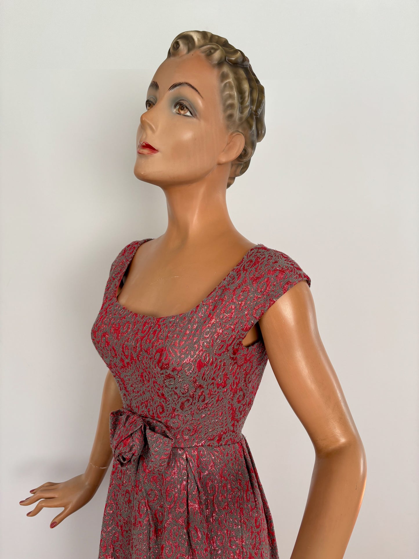 XXS | 1950s/60s Metallic Cocktail Dress With Statement Bow