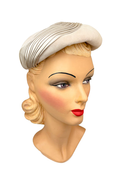 1950s Cream Grey Velvet Beret