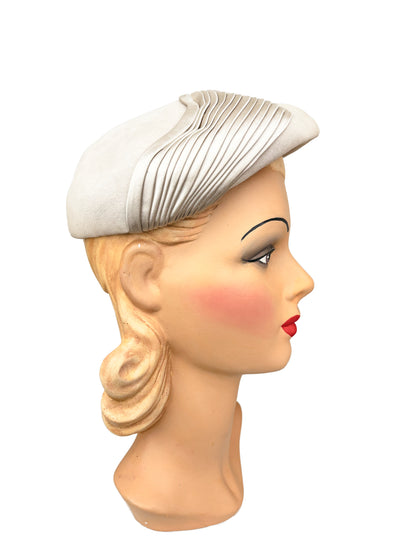 1950s Cream Grey Velvet Beret