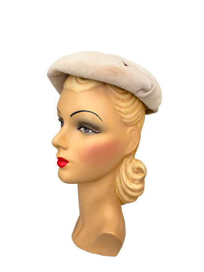 1950s Cream Grey Velvet Beret