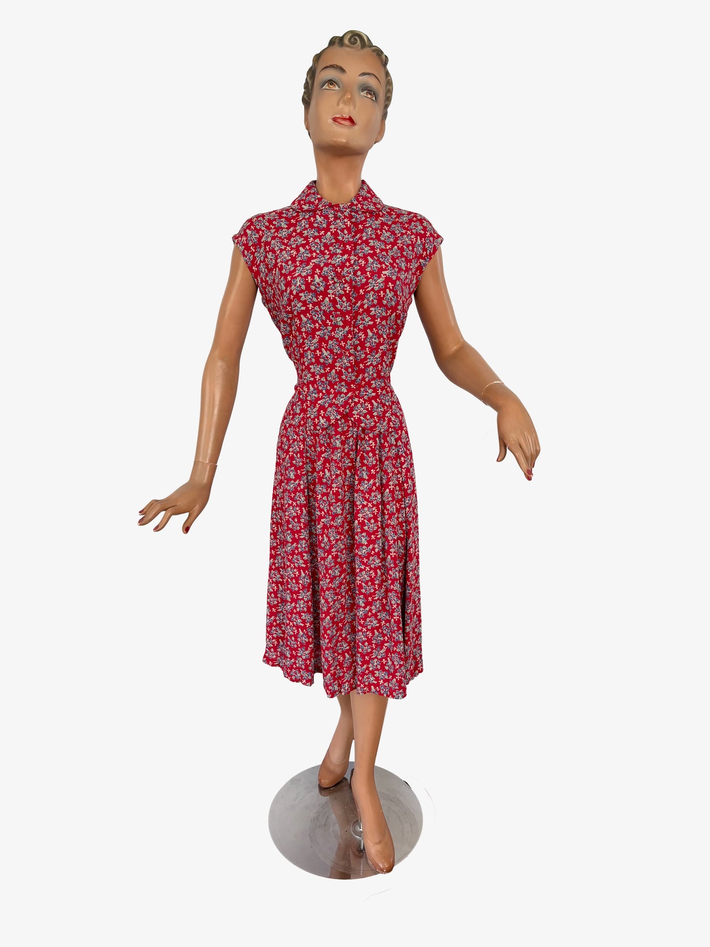 M | 1940s Sleeveless Rayon Crepe Floral Dress