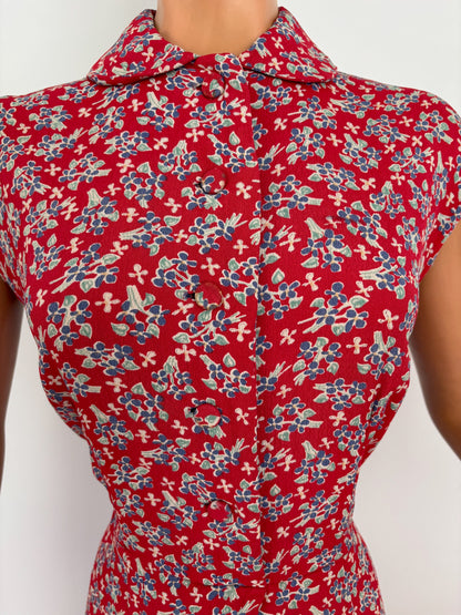 M | 1940s Sleeveless Rayon Crepe Floral Dress