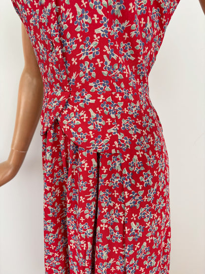M | 1940s Sleeveless Rayon Crepe Floral Dress