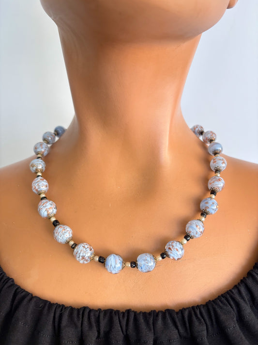 Art Deco Baby Blue and Gold Aventurine Glass Necklace 1920s/30s