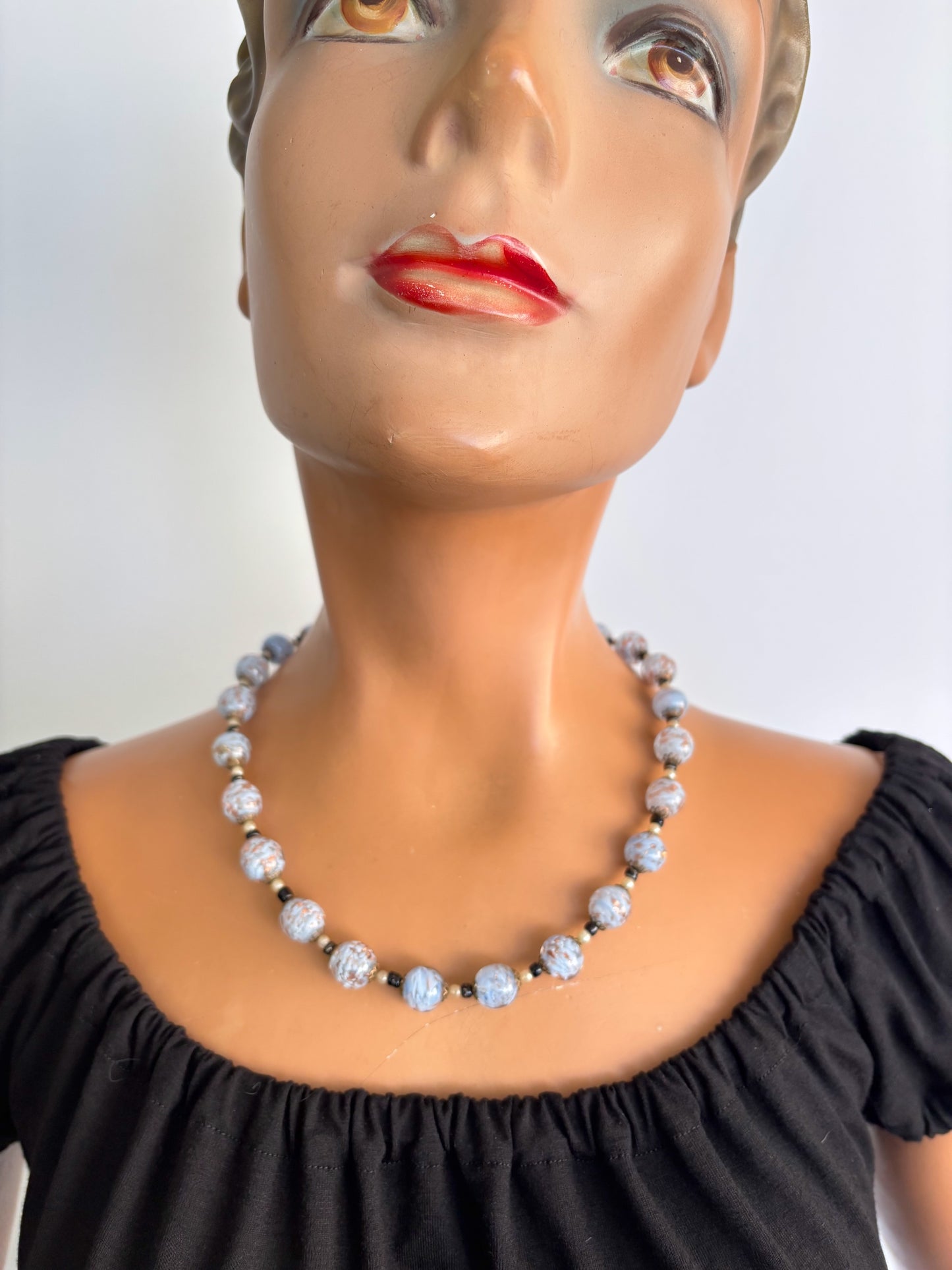 Art Deco Baby Blue and Gold Aventurine Glass Necklace 1920s/30s