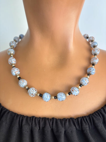 Art Deco Baby Blue and Gold Aventurine Glass Necklace 1920s/30s