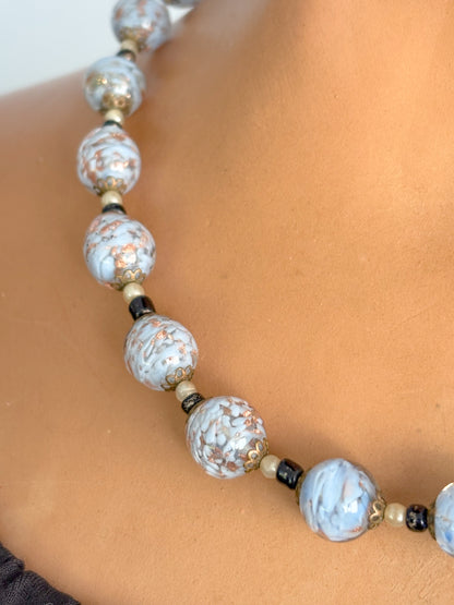 Art Deco Baby Blue and Gold Aventurine Glass Necklace 1920s/30s