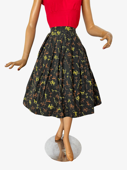 1950s Primitive Novelty Print Skirt  | L