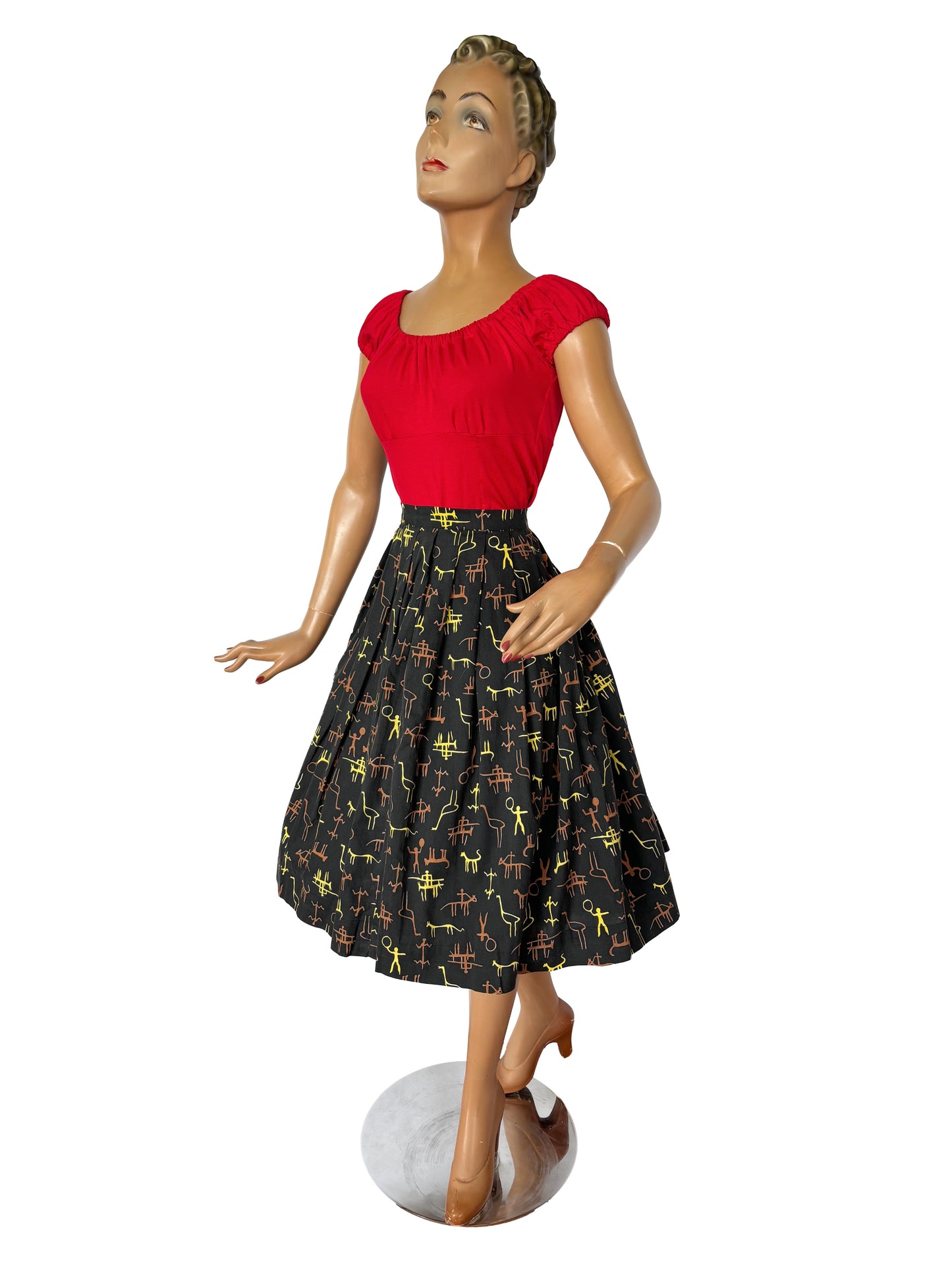1950s Primitive Novelty Print Skirt  | L