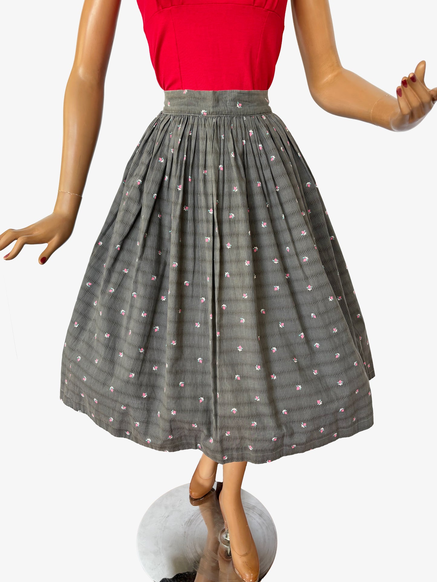 1950s Grey and Pink Flowers Skirt  |  S/M