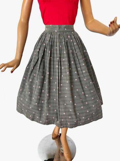 1950s Grey and Pink Flowers Skirt  |  S/M
